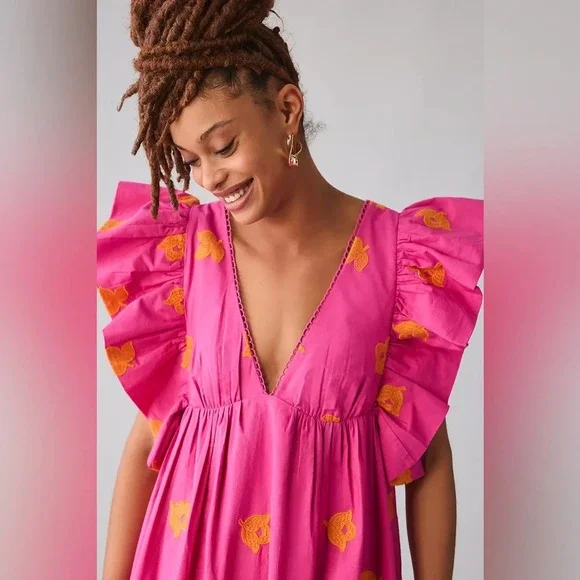 Anthropologie Vibrant Pink and Orange Midi Dress - Picture 7 of 12